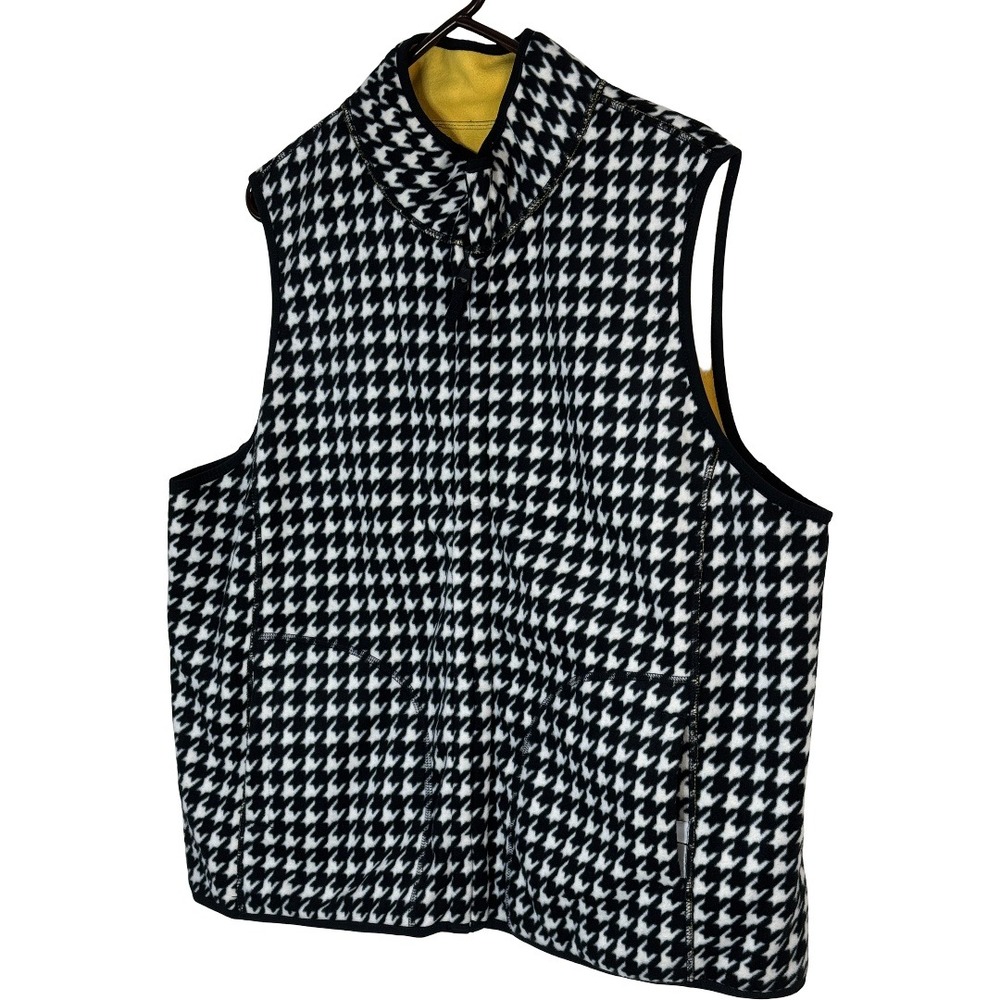 Reversible Fleece Vest Womens 2X Black White Houndstooth Mustard Yellow Full Zip - Picture 6 of 11